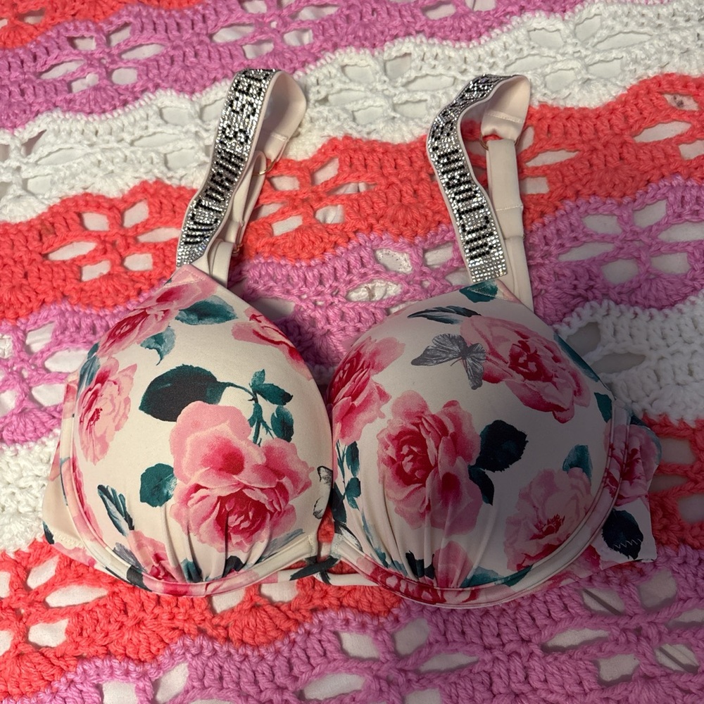 Floral Bikini Top with Embellished Straps